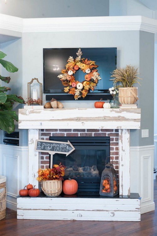 Fall Mantel Decor with Pumpkins, Leaves, and Wheat