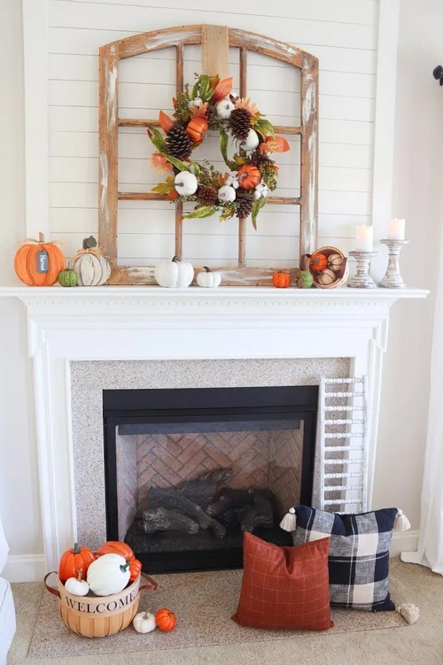 Fall Mantel Decor with Wreath, Pumpkins & Candles