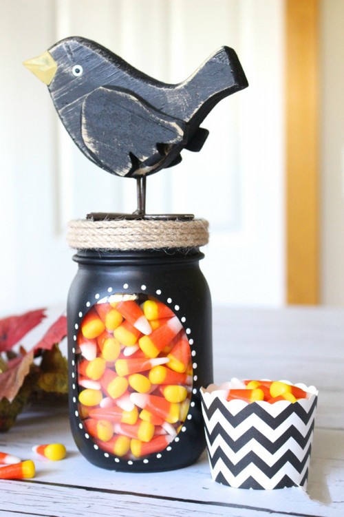 Fall Painted Mason Jar with Crow Topper