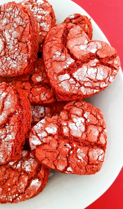 Heart-Shaped Red Velvet Crinkle Cookies