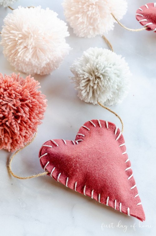 Sweet Valentine Garland with Hearts and Pom Poms