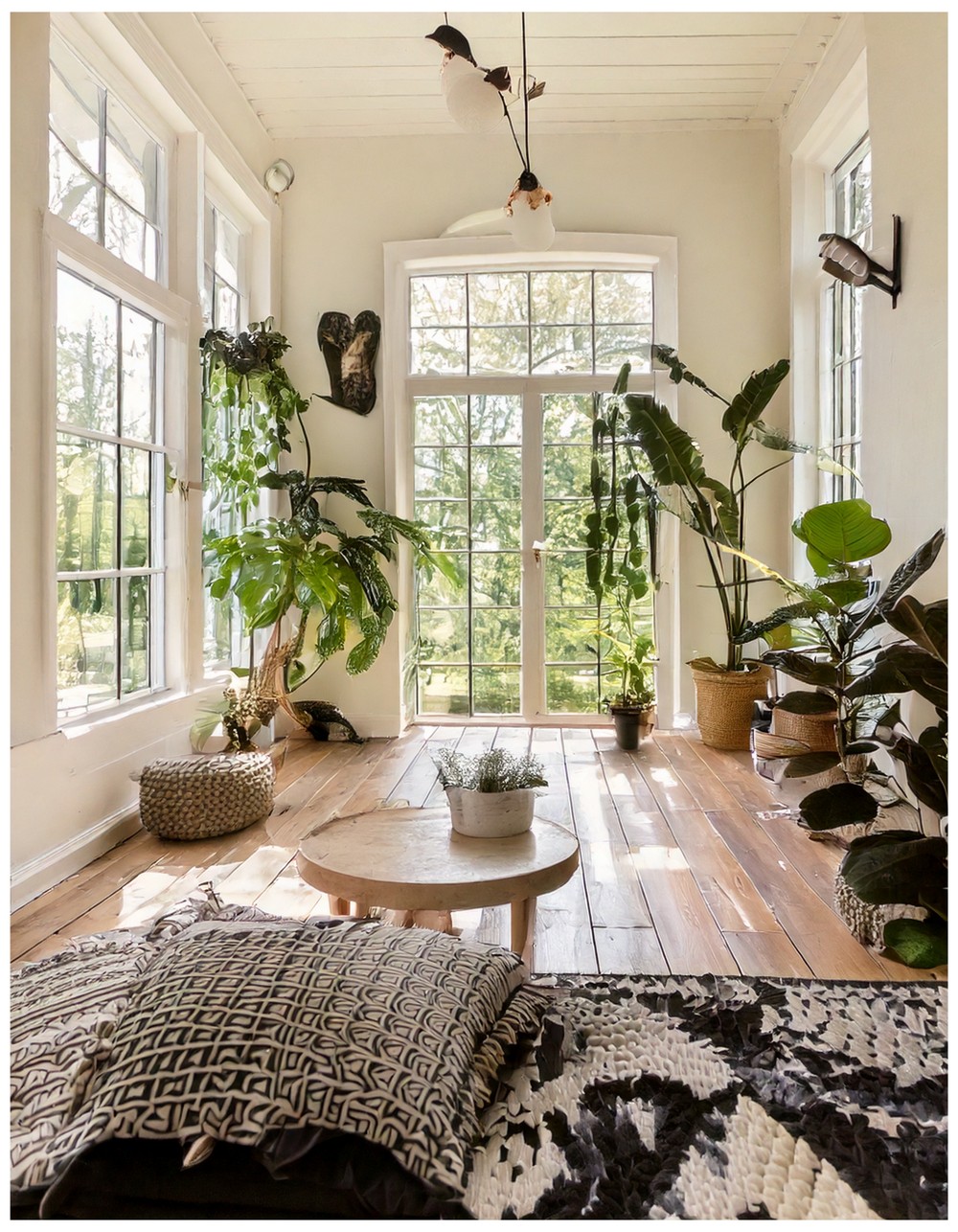 Black and White Sunroom with Greenery