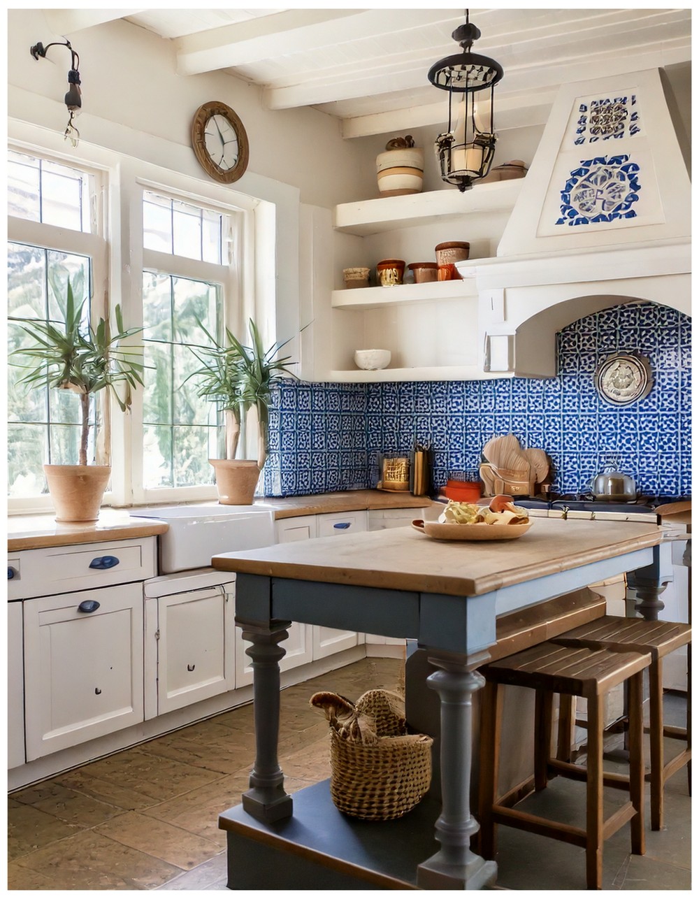 Bright Coastal Kitchen With White and Blue Spanish Tile Backsplash