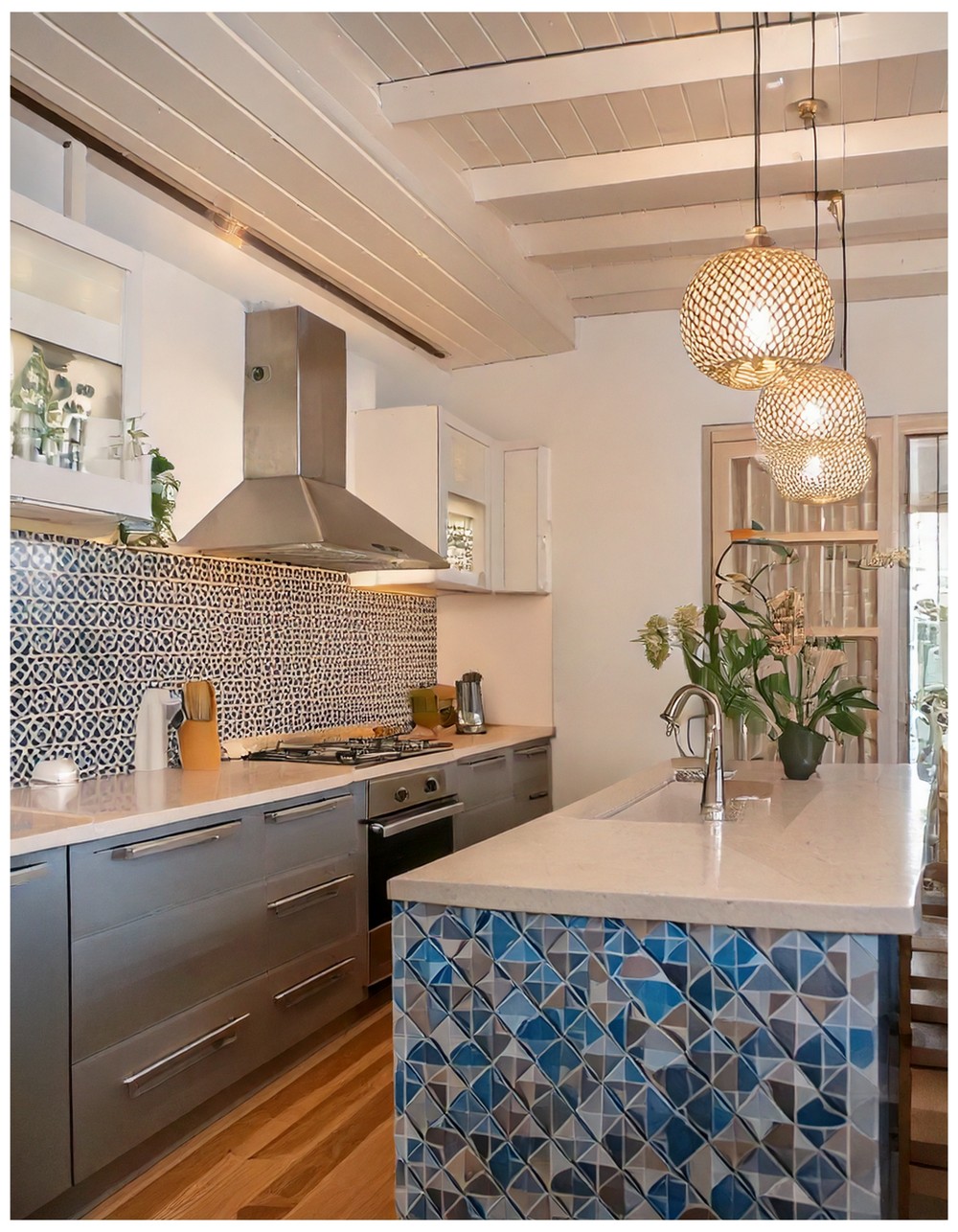 Contemporary Spanish Kitchen With Geometric Tile Backsplash
