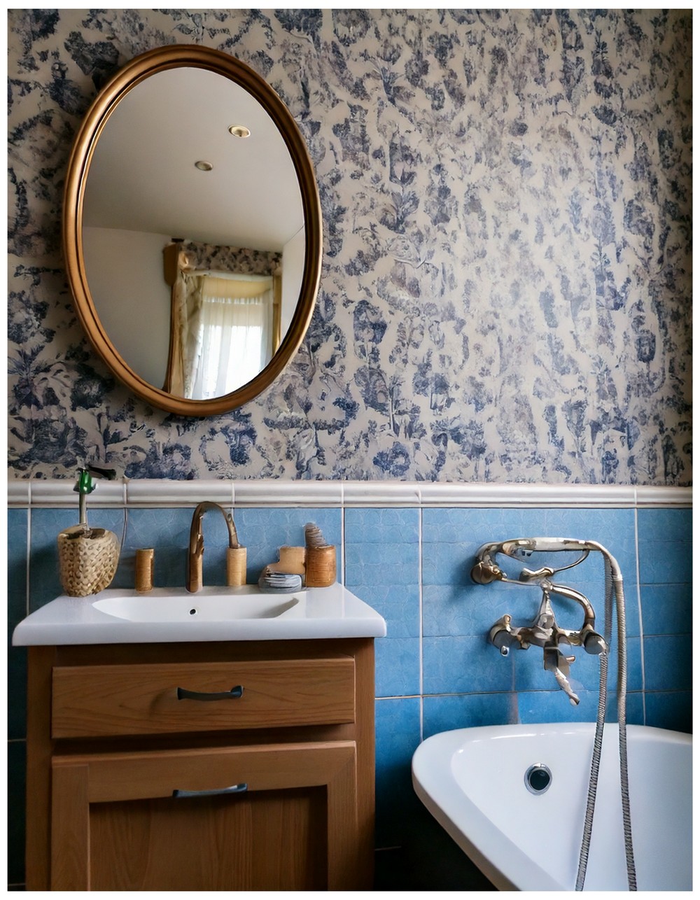 Dreamcore Bathroom with an Oval Mirror and Floral Wallpaper