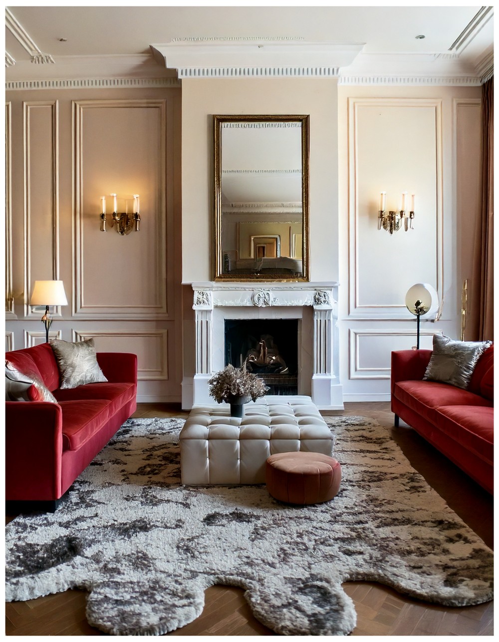 Dreamlike Velvet Living Room with an Oversized, Surreal Rug