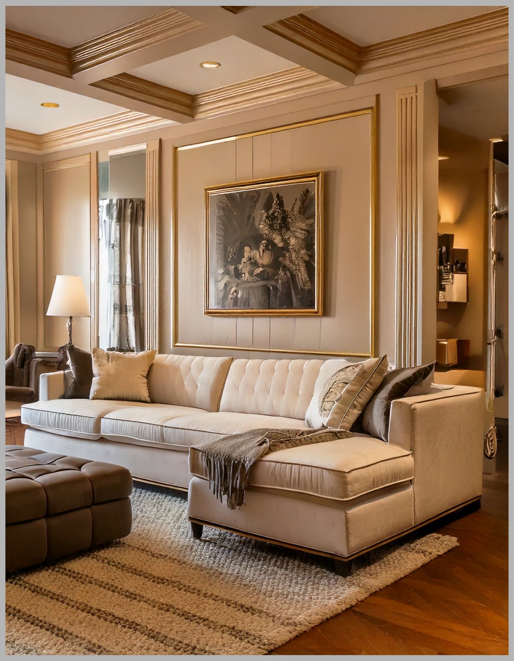 Elegant Coffered Living Room Transitional Design