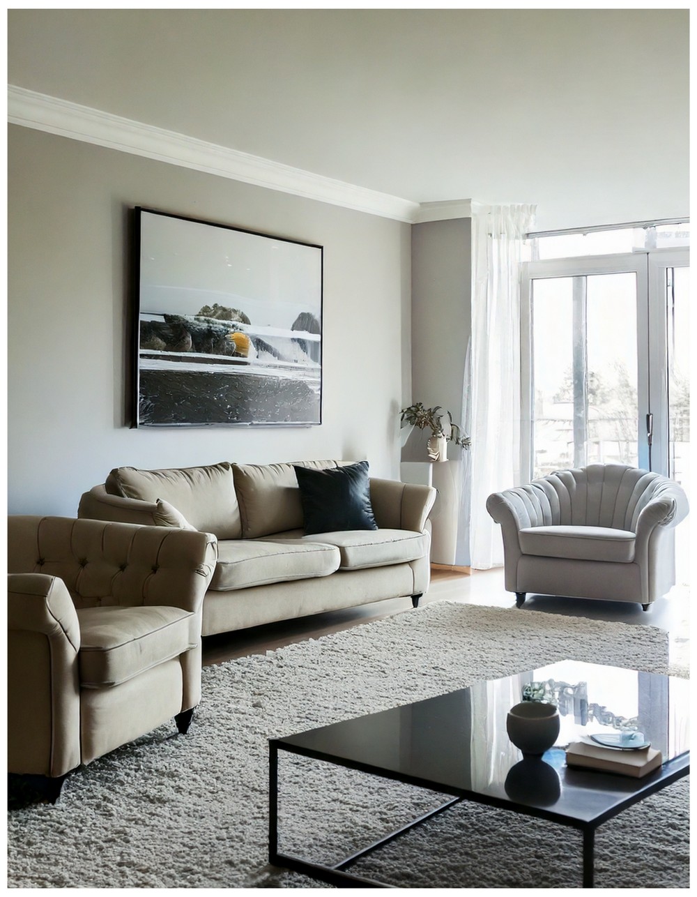 Minimalist Dreamcore Living Room with a Surreal, Monochrome Palette