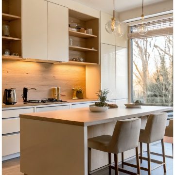 Minimalist Modern Ivory Kitchen with Warm Lighting