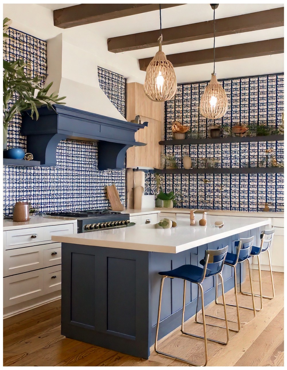 Modern Spanish Kitchen With White and Navy Blue Backsplash
