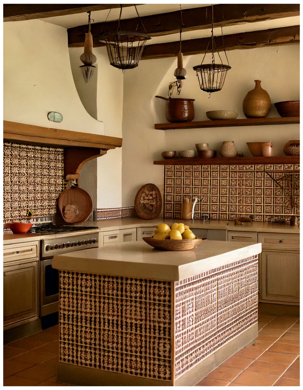 Spanish Hacienda Kitchen With Neutral Color Tile Backsplash
