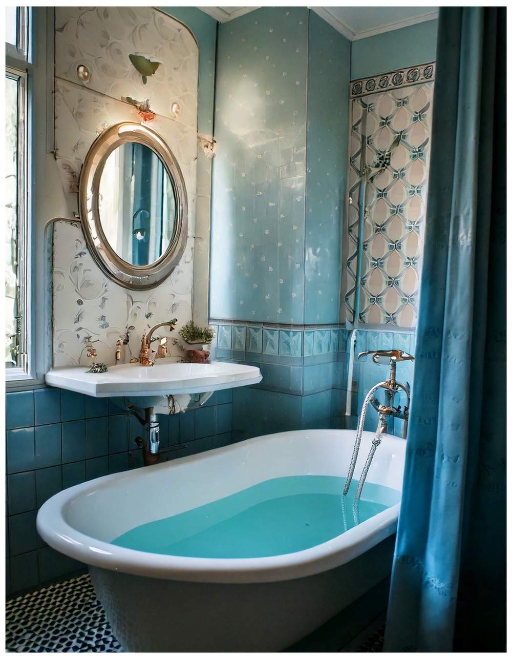 Vintage Bathroom with Dreamlike Reflections and Soft Pastel Accents
