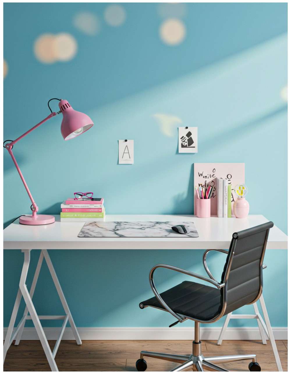 A chic workspace featuring a decorative mouse pad alongside vibrant decor, clean minimalist furniture, and an overall harmonious desk aesthetic.