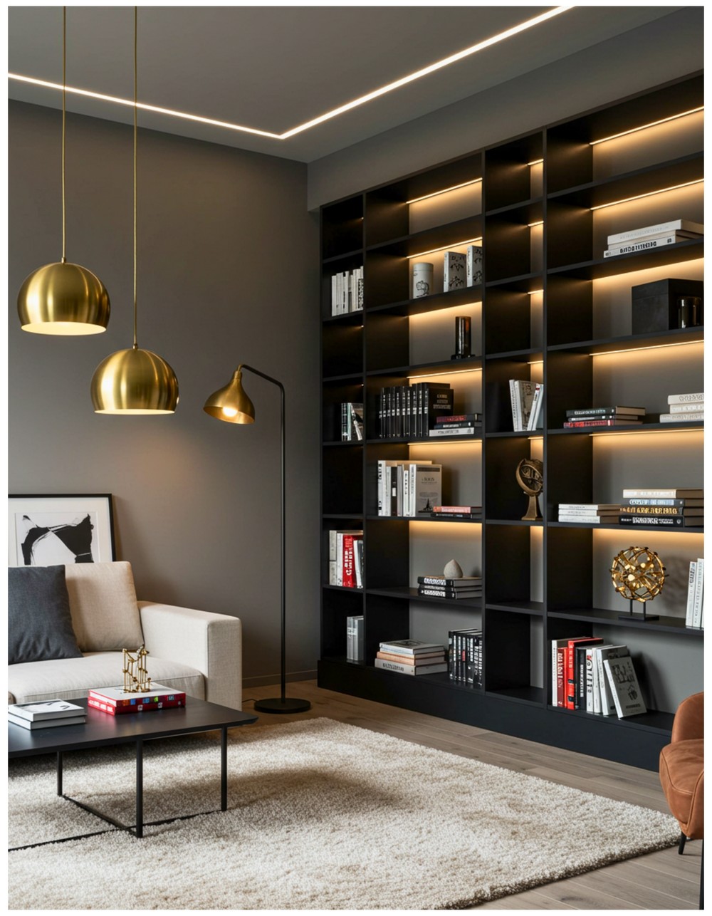 Black Bookshelves with Statement Lighting