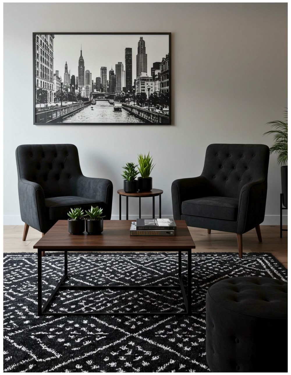 Black Velvet Armchairs with Monochrome Decor
