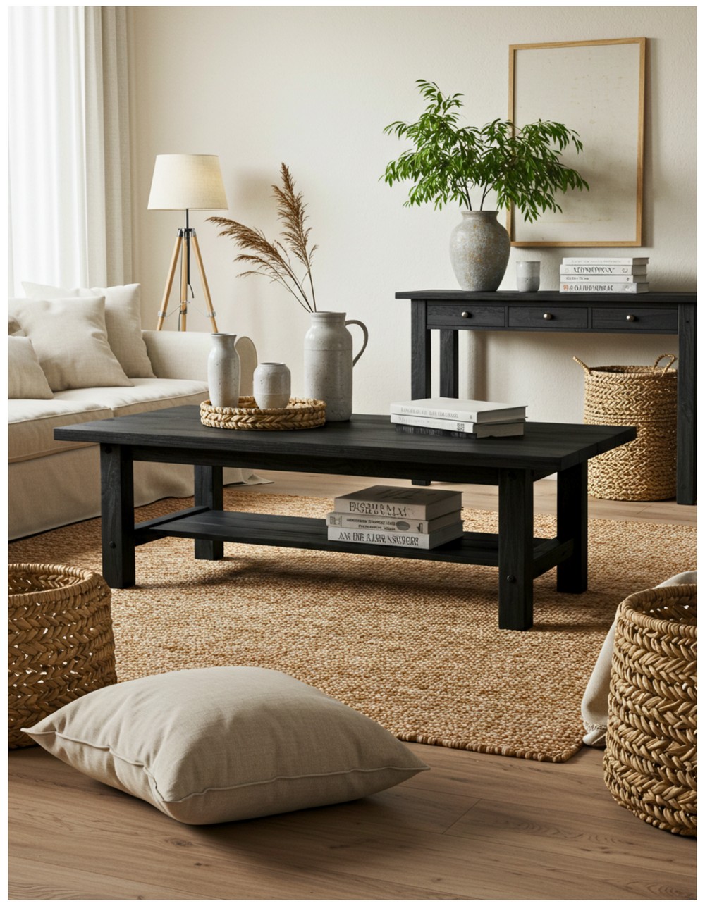 Black Wood Coffee Table with Rustic Elements