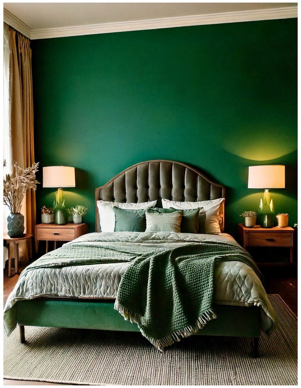 Moody Forest Walls With Light Bedding