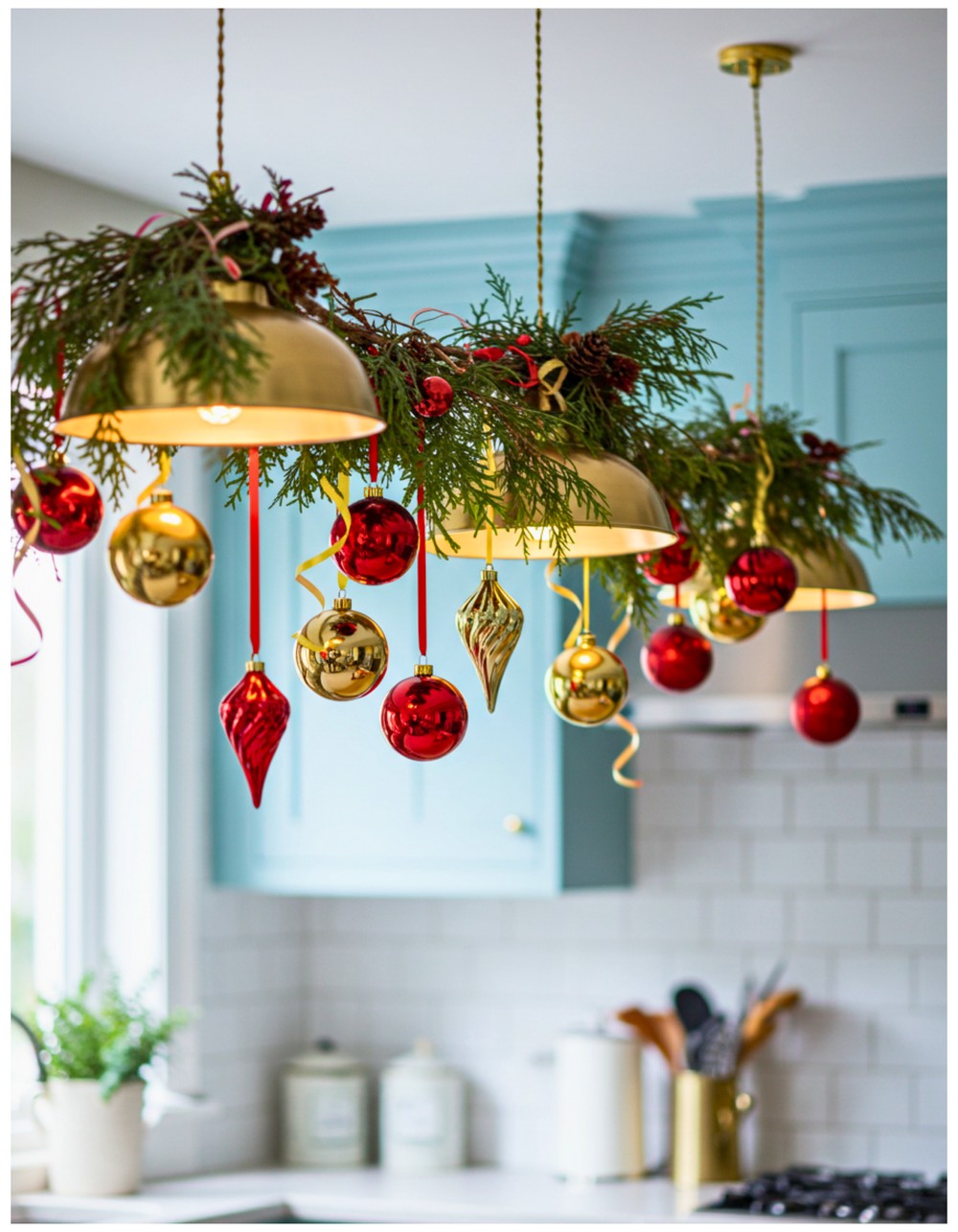 Christmas Ornaments Hung from Pendant Lights