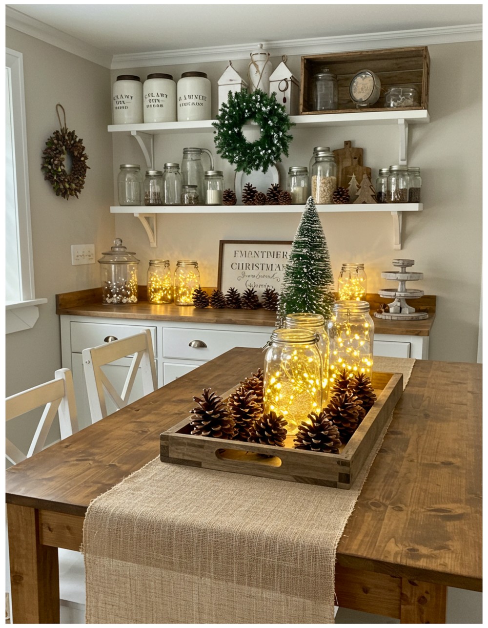 Farmhouse Christmas Kitchen with Burlap and Pinecones