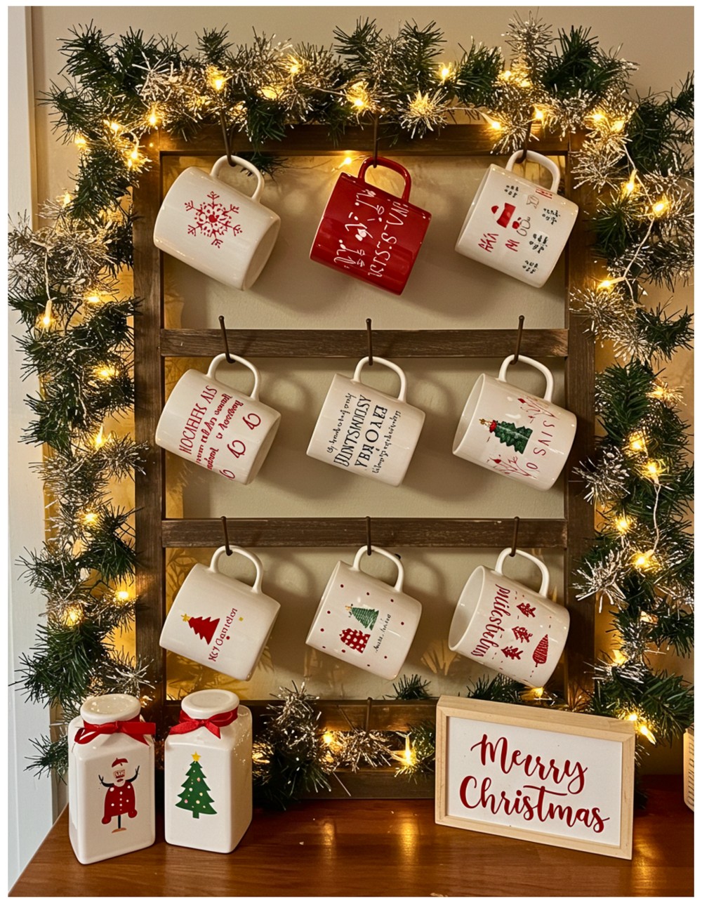 Holiday Mug Display with Garland Accents