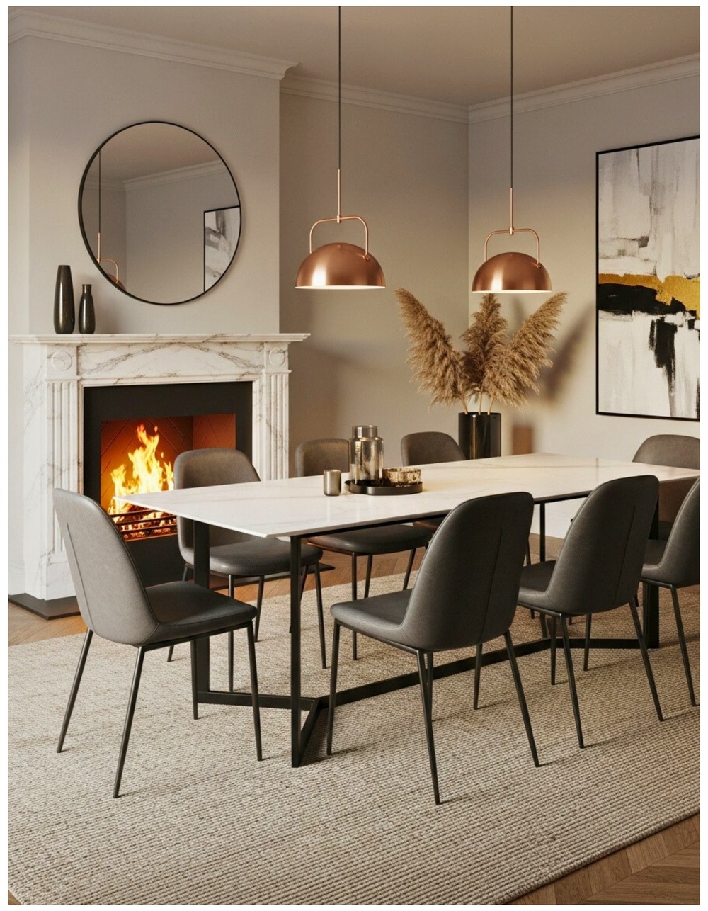 Stylish Dining Room with a Cozy Fireplace