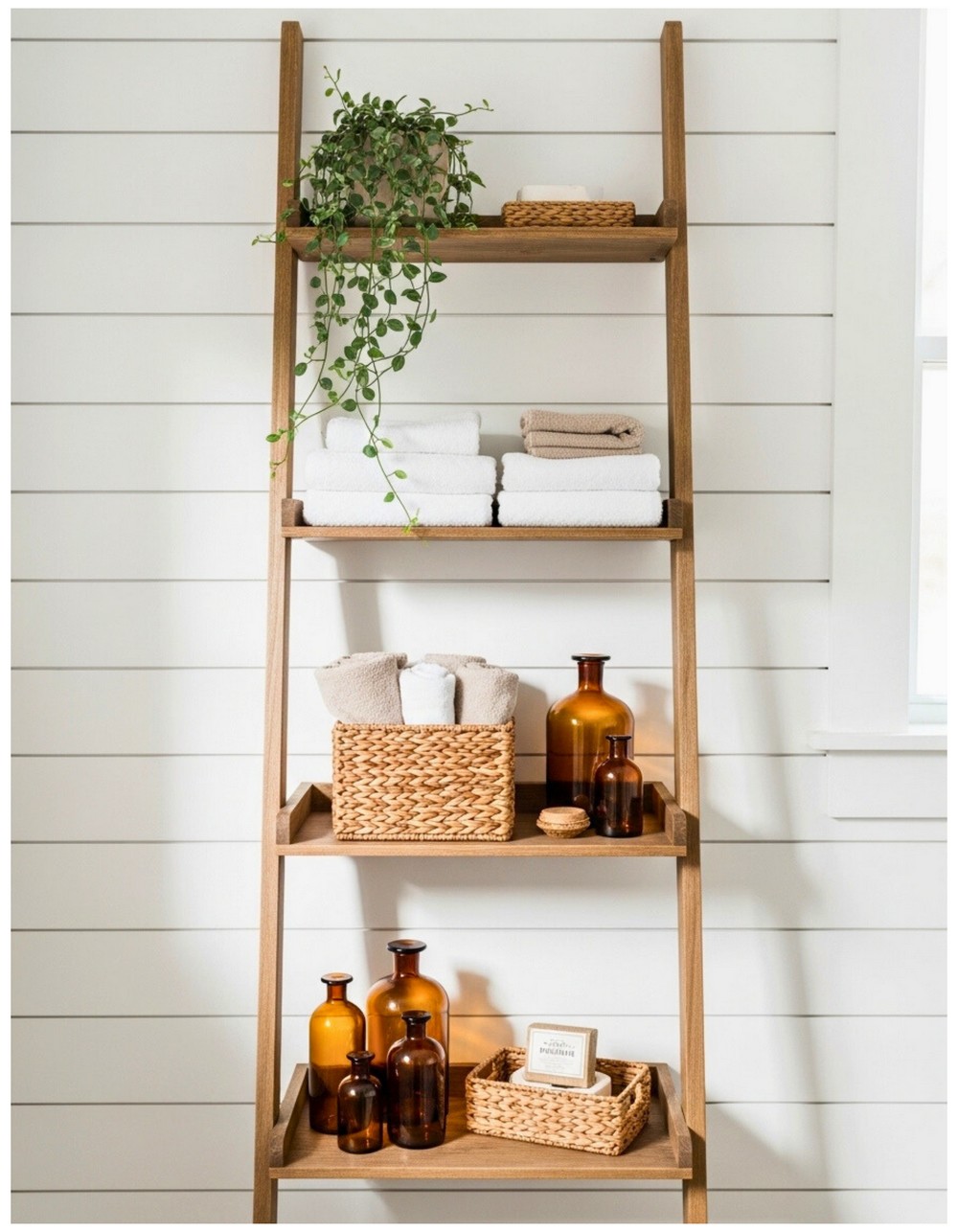 Stylish Rustic Bathroom Ideas Featuring a Charming Ladder Shelf