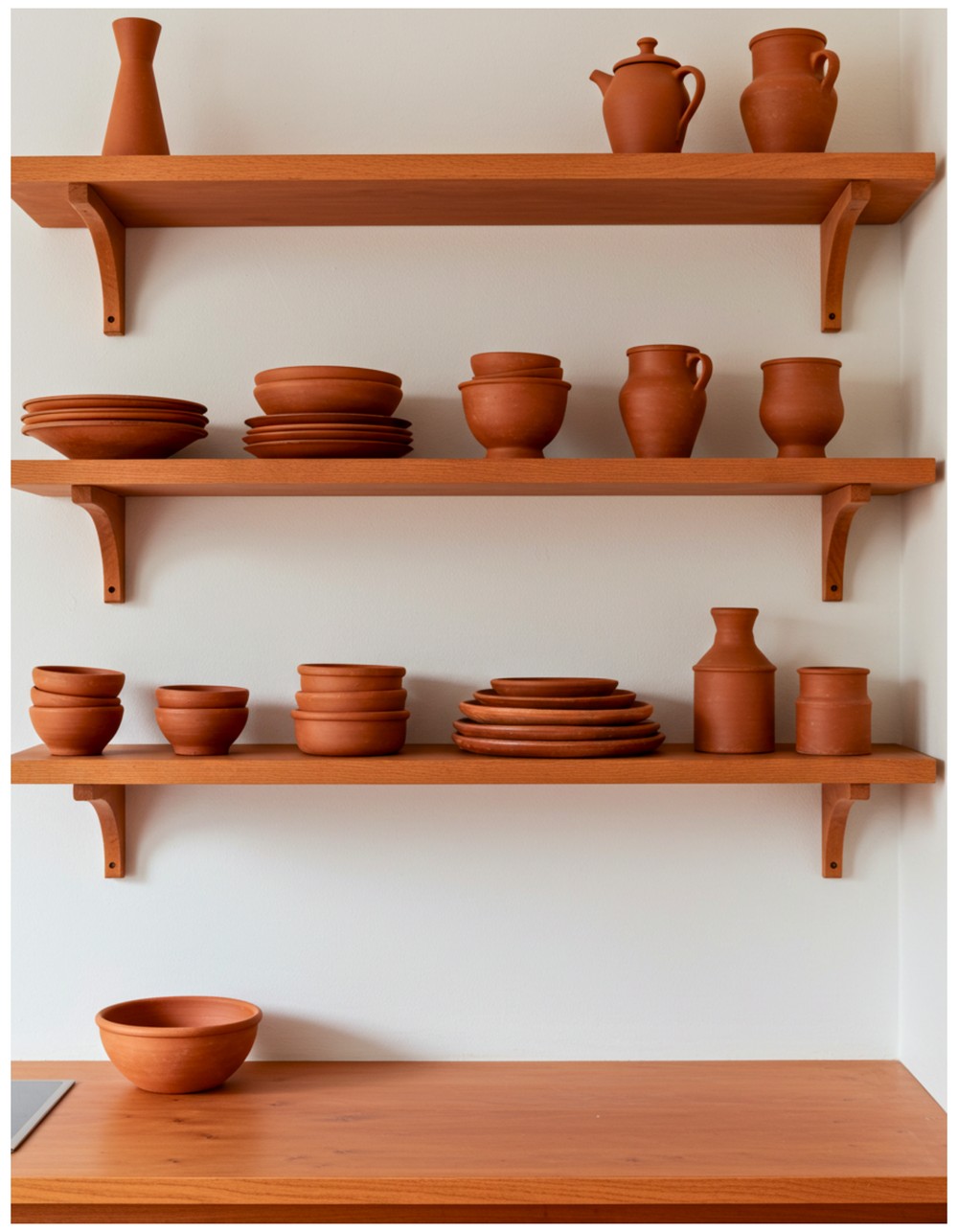 A soft and muted creamy terracotta tone on the walls, paired with light wood cabinetry, simple white countertops, and bohemian-inspired woven light fixtures for a fresh, airy feel.