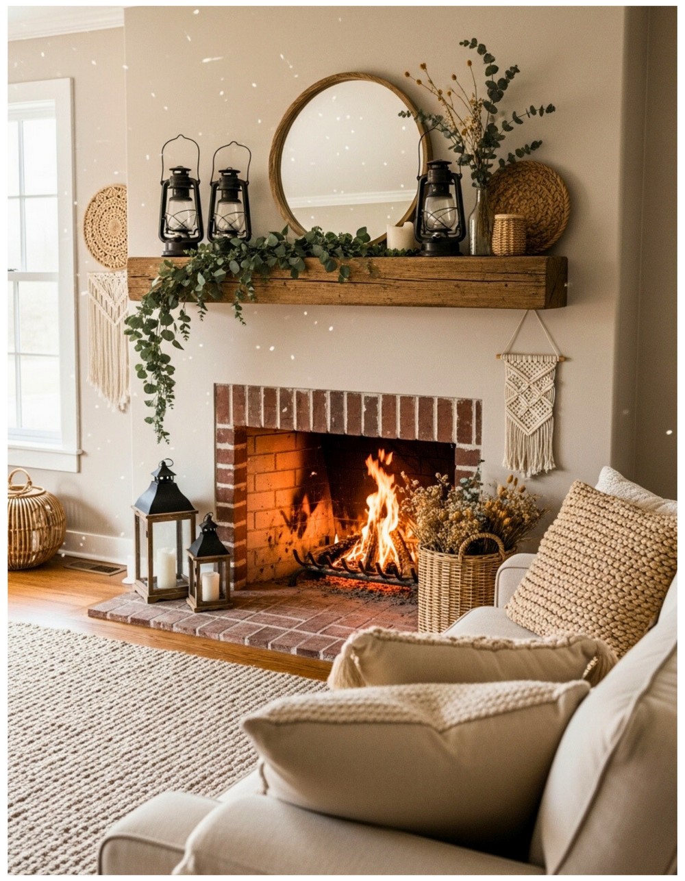 Add a rustic wooden mantle above your brick fireplace for farmhouse charm