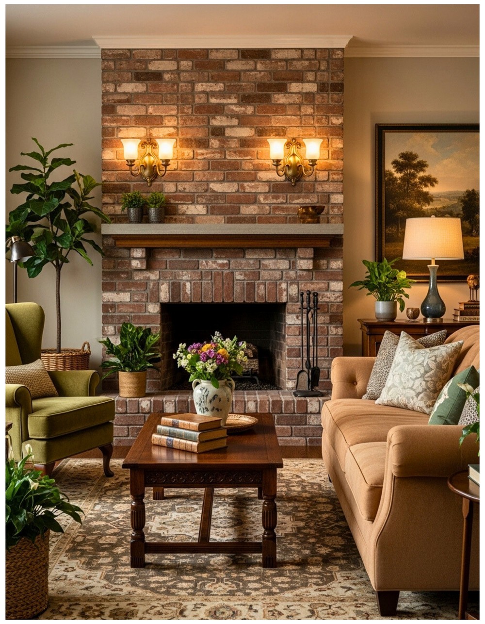 Add gold or brass sconce lighting to illuminate textured brick