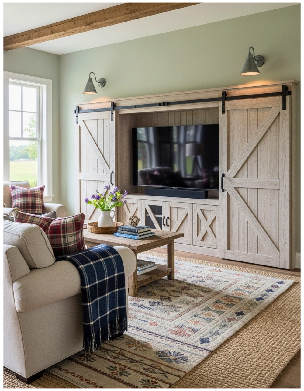 Barn door entertainment center flanked by galvanized metal wall sconces