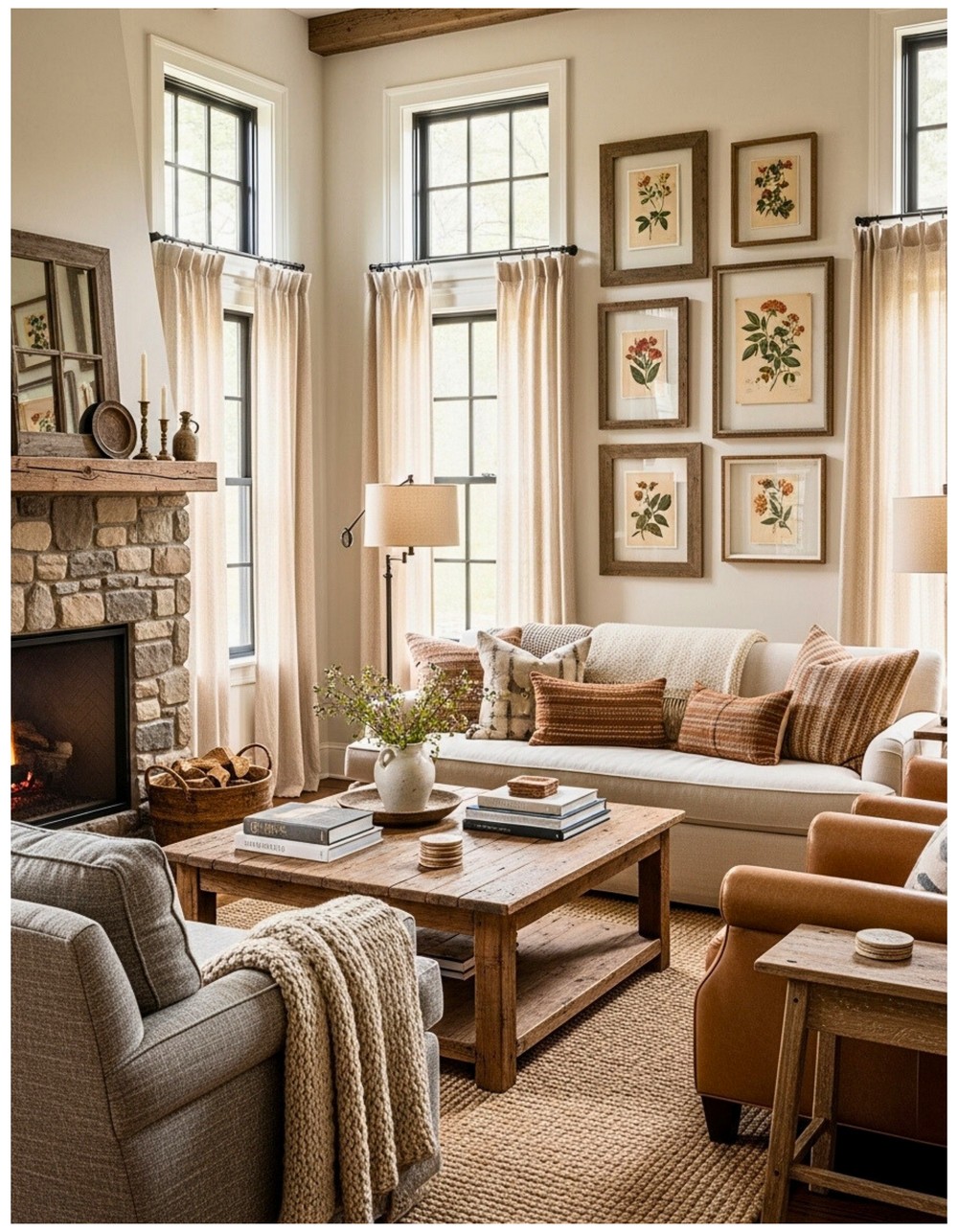 Black-framed windows with natural linen curtains and farmhouse-style botanical prints