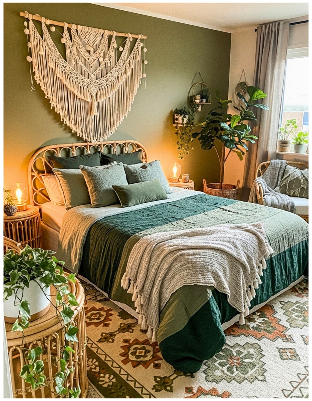 Bohemian Olive Green Bedroom with Macramé and Rattan Pieces