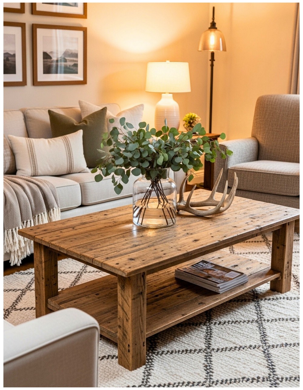 Chunky farmhouse coffee table with a centerpiece of fresh eucalyptus and antler decor