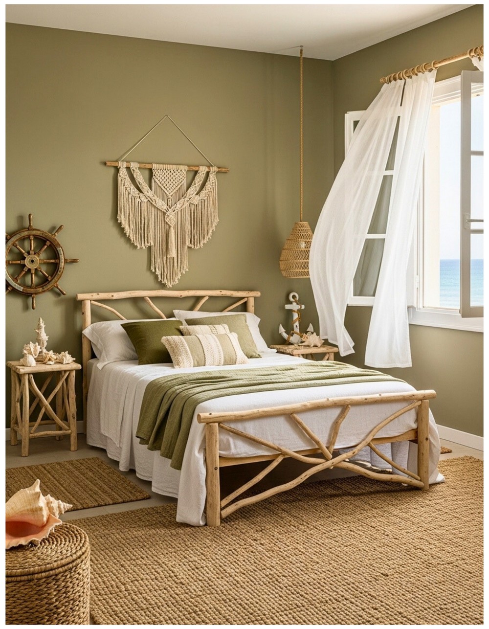 Coastal Olive Green Bedroom with Natural Textures and Nautical Touches