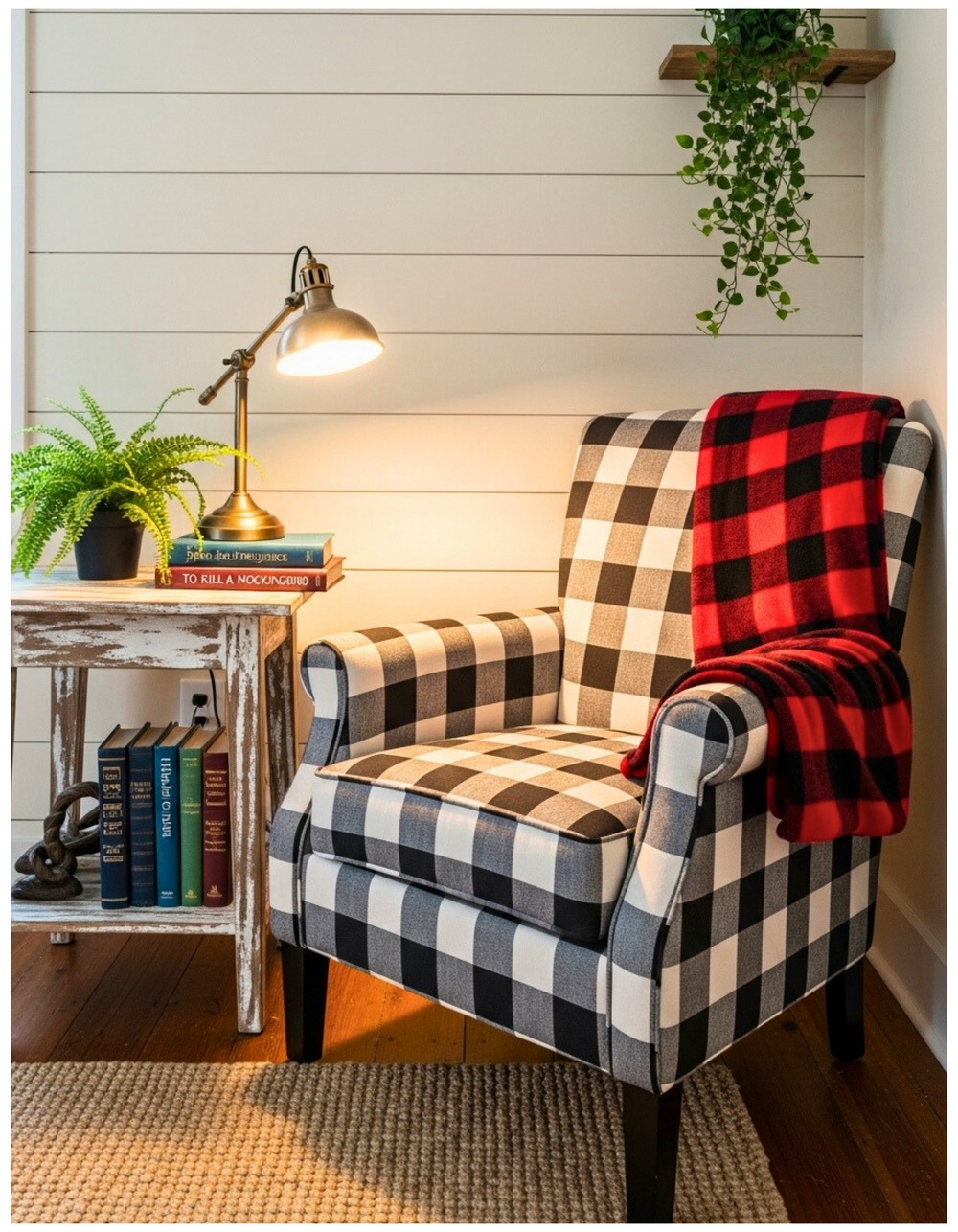 Cozy reading nook with buffalo check armchair and a stack of classic books