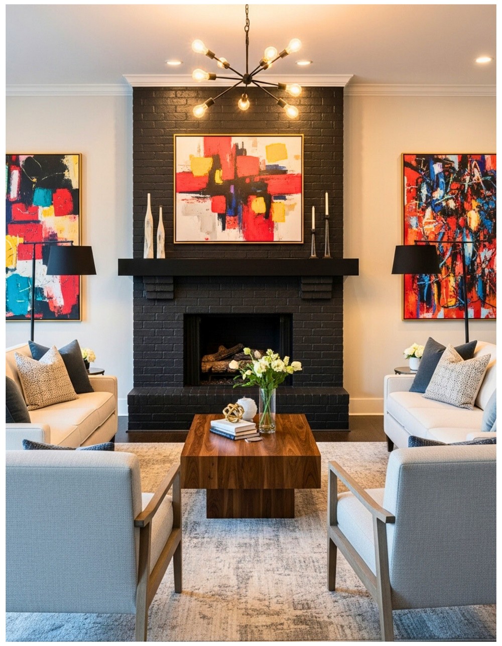 Create a dramatic look with matte black paint on brick and mantle