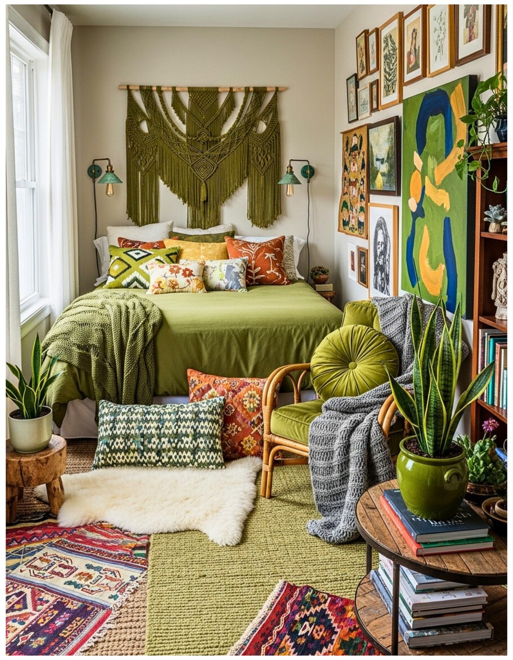 Eclectic Olive Green Bedroom with Bold Patterns and Mixed Textiles