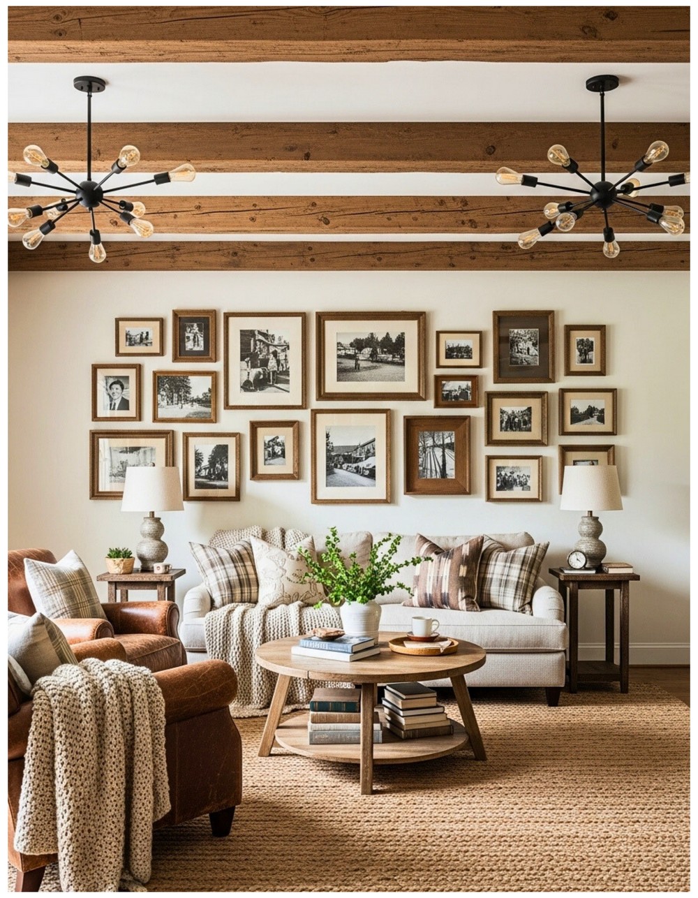 Farmhouse beams with Edison bulb chandeliers above a vintage gallery wall