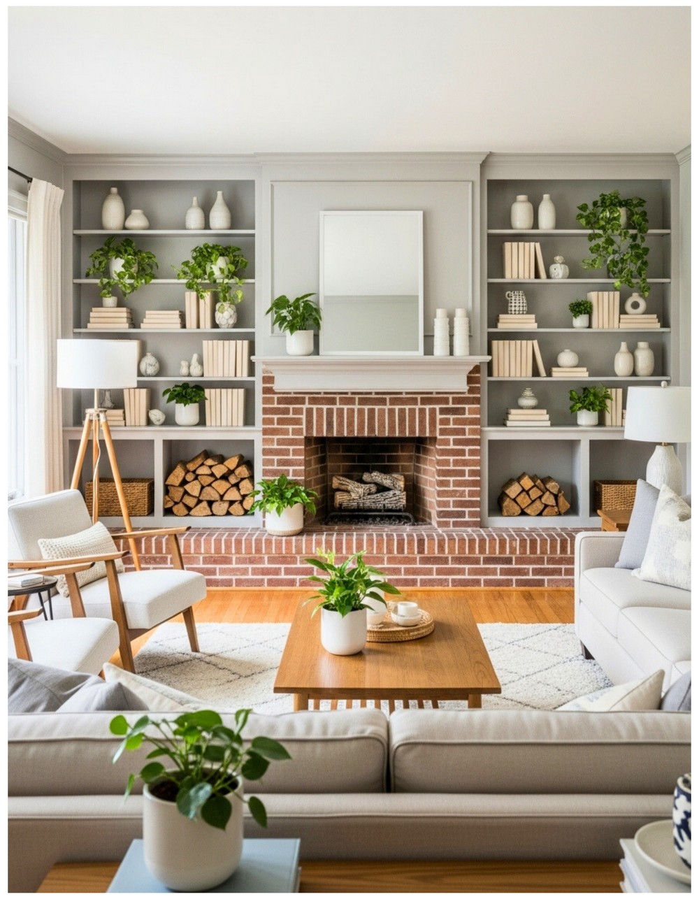 Frame the fireplace with built-in bookshelves and greenery accents
