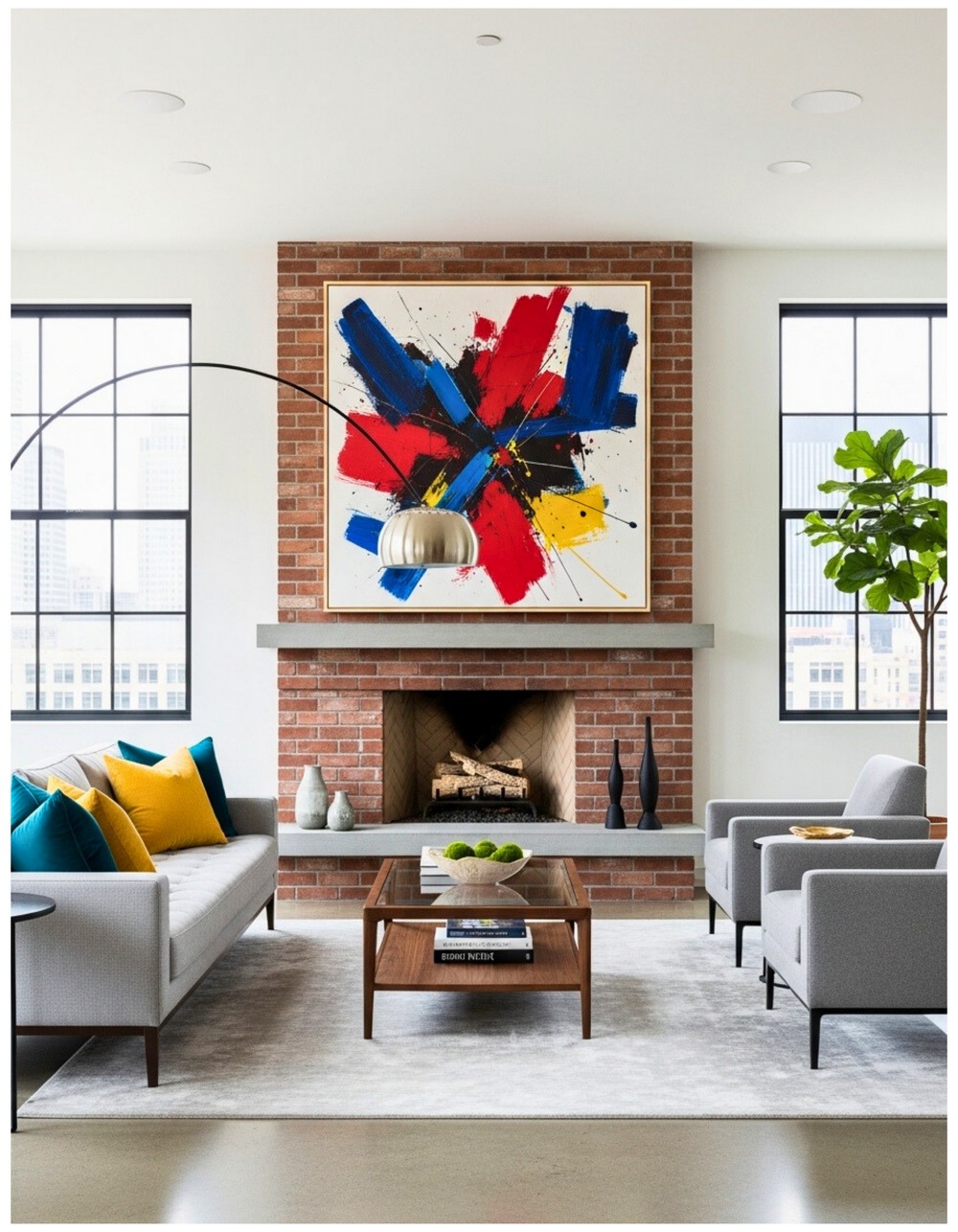 Hang a large abstract artwork above exposed brick for contemporary flair