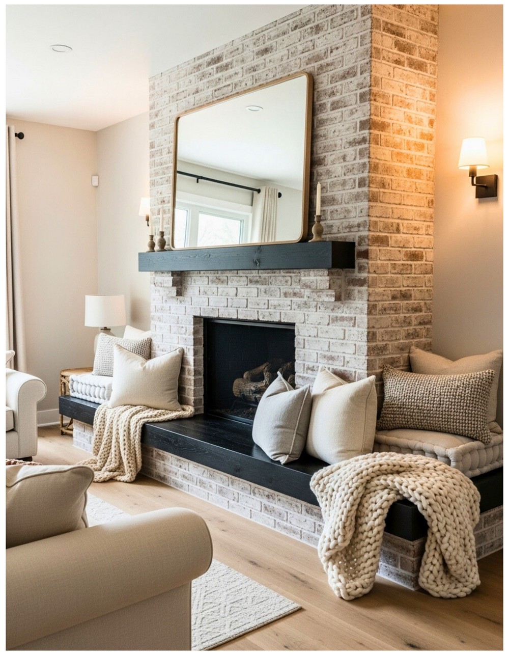 Install floating hearth bench in front of brick for cozy seating