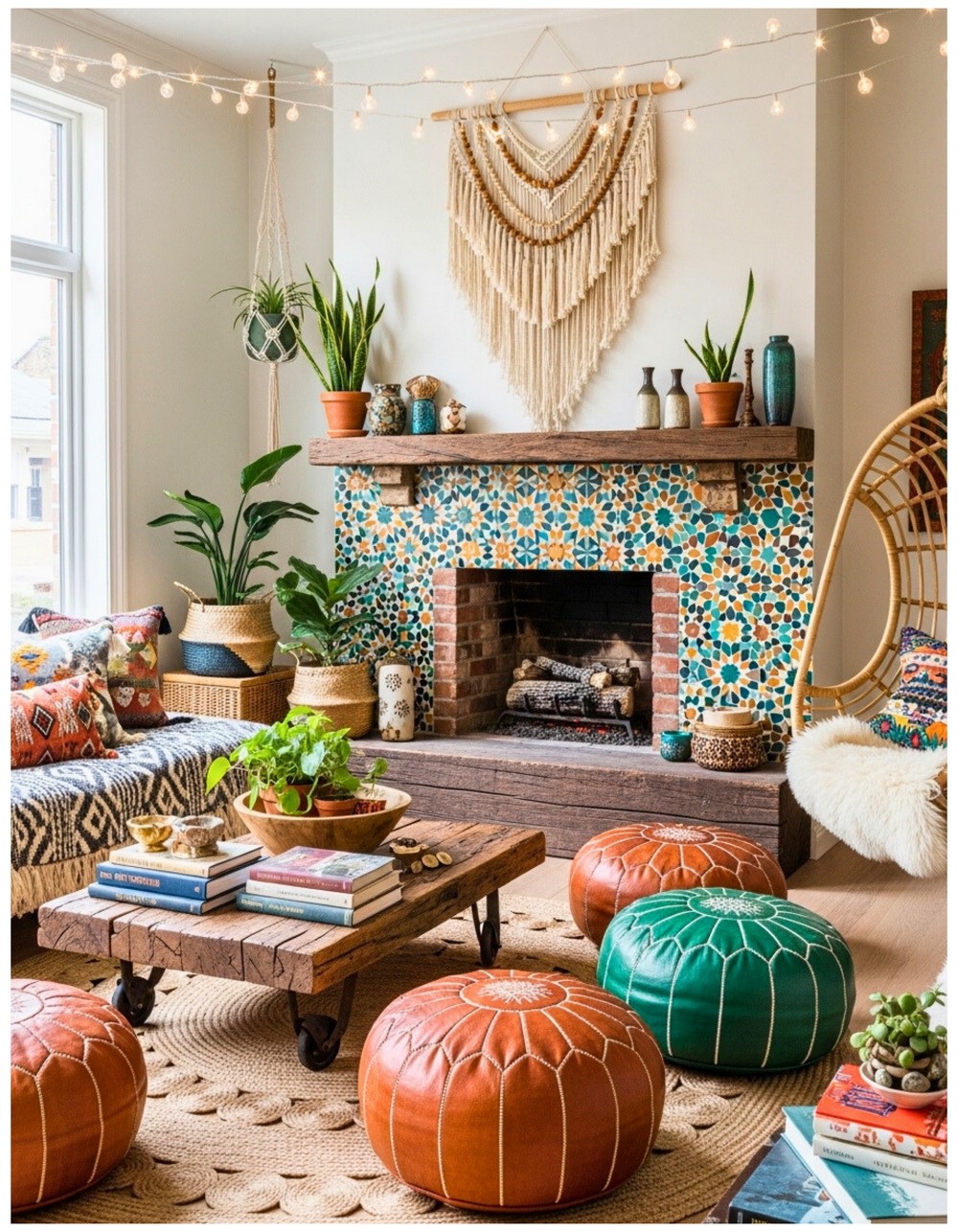 Install geometric patterned tiles over bricks for a modern boho refresh