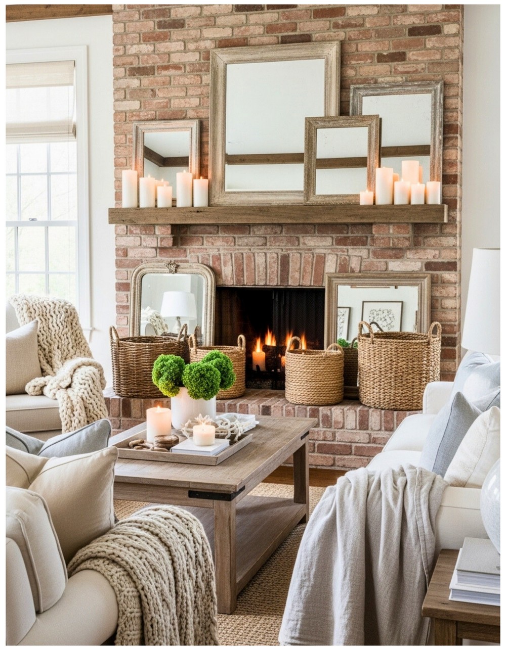 Layer woven baskets, vintage mirrors, and candles on the hearth