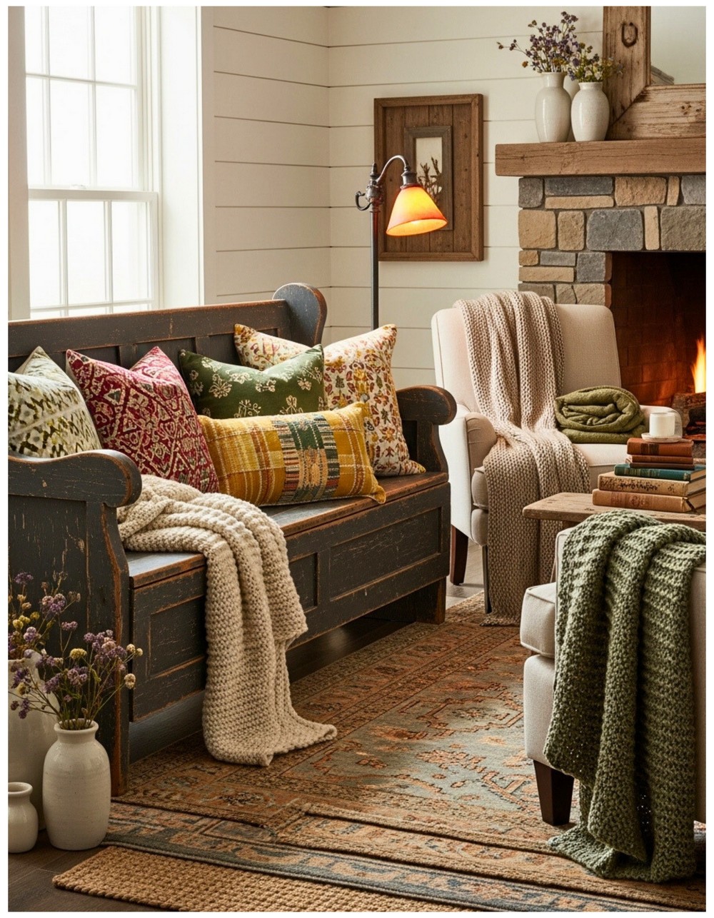 Layered area rugs under a weathered farmhouse bench and patchwork pillows