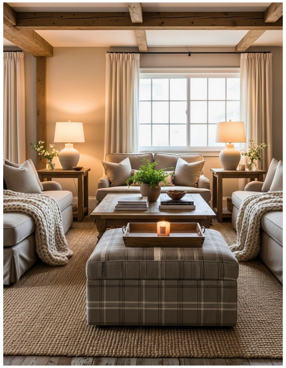 Layered jute rugs with plaid ottoman and chunky knit throws for cozy warmth