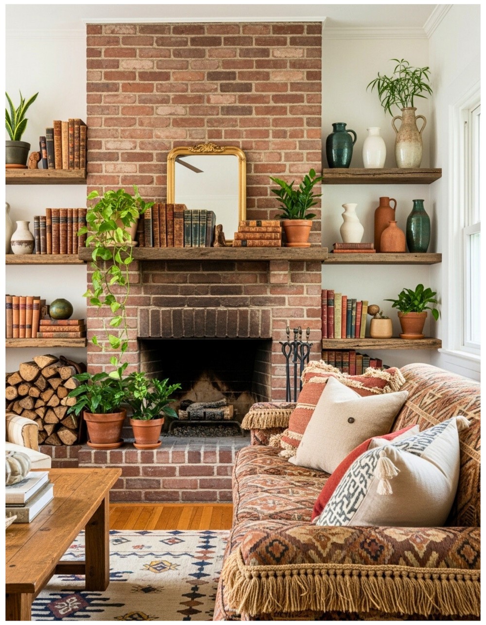 Mix brick with reclaimed wood shelving for an eclectic, earthy look