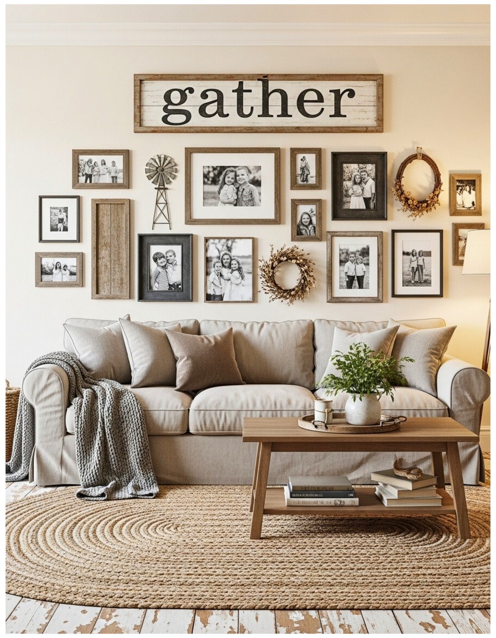 Mix of farmhouse family photo wall and vintage “gather” wooden sign above sofa