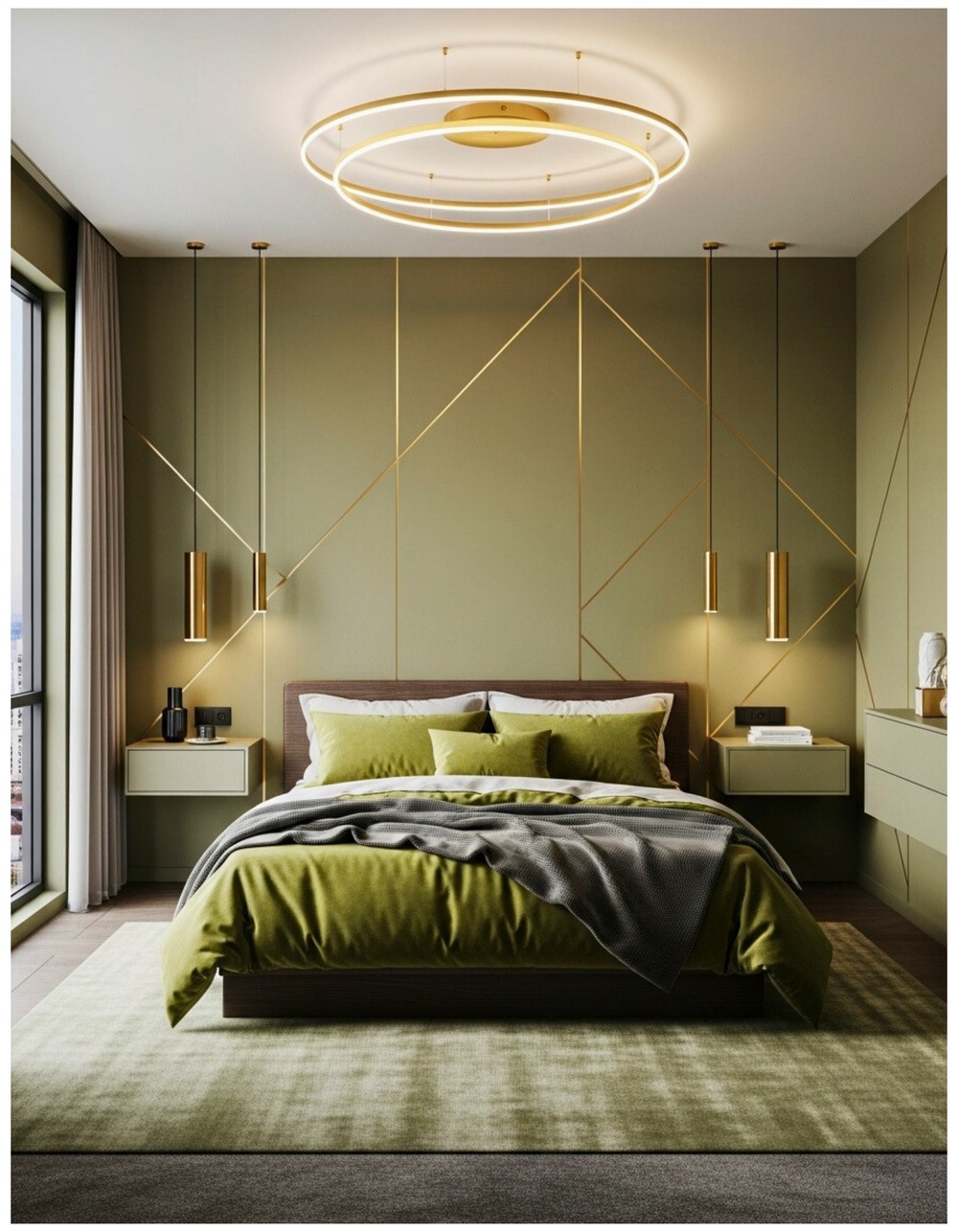 Modern Olive Green Bedroom with Gold Geometric Patterns
