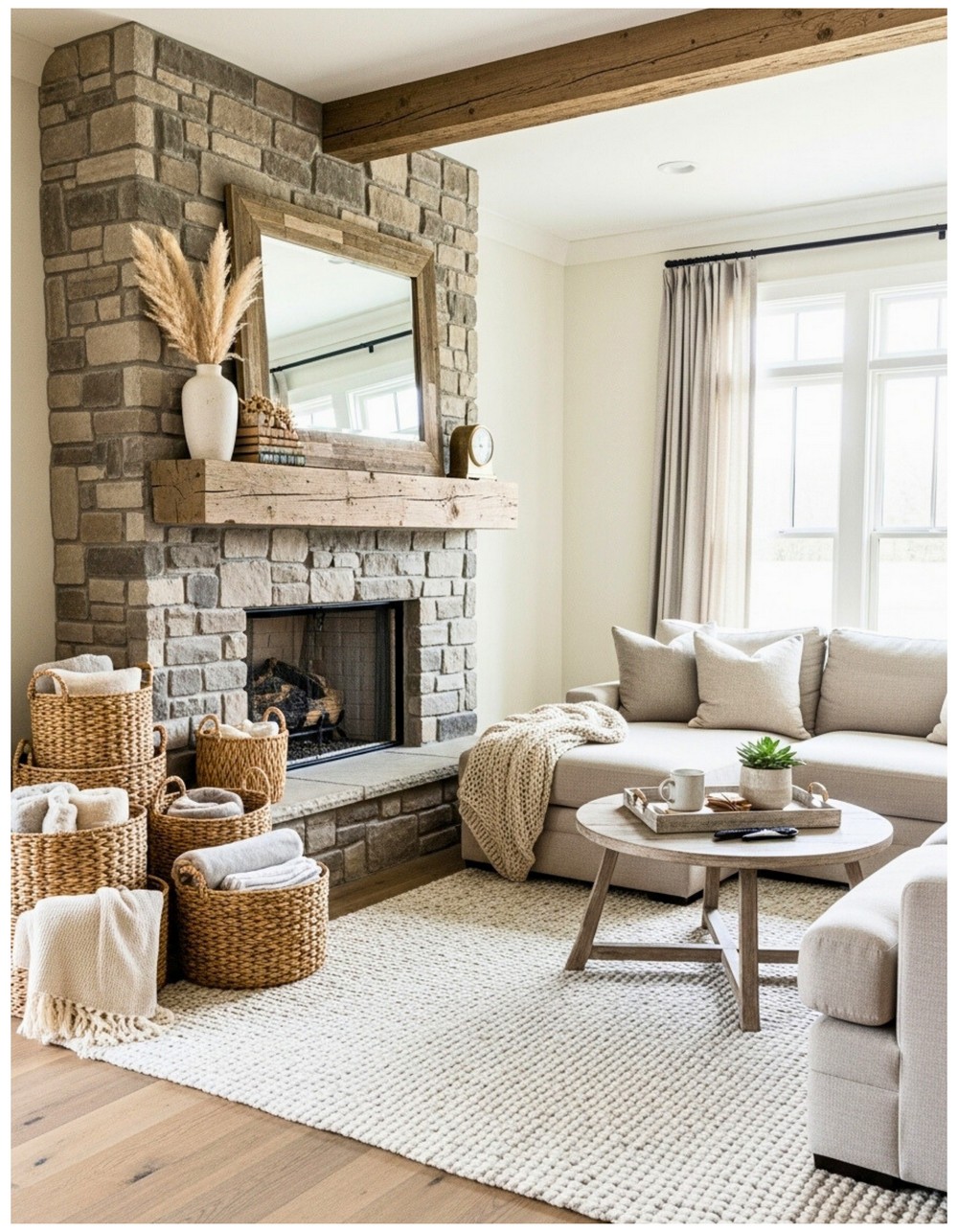 Neutral linen sectional facing a stone fireplace and woven basket storage