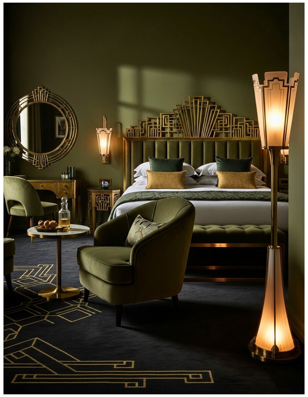Olive Green Art Deco Bedroom with Intricate Metalwork and Bold Accents